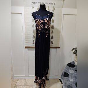 Molly Bracken Navy Boho Floral Maxi Dress Lace V-Neck Sleeveless XL